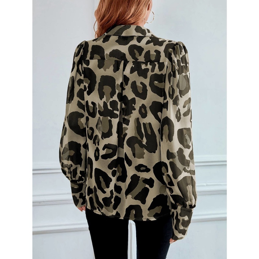 long sleeve Leopard Print Bishop Sleeve Chiffon Shirt tan - Picture 6 of 11